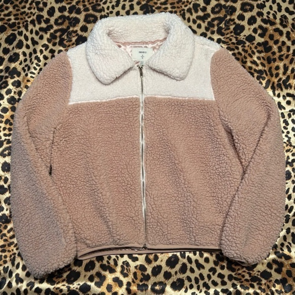 Forever 21 White & Pink Colorblock Faux Sherpa Zip Up Jacket